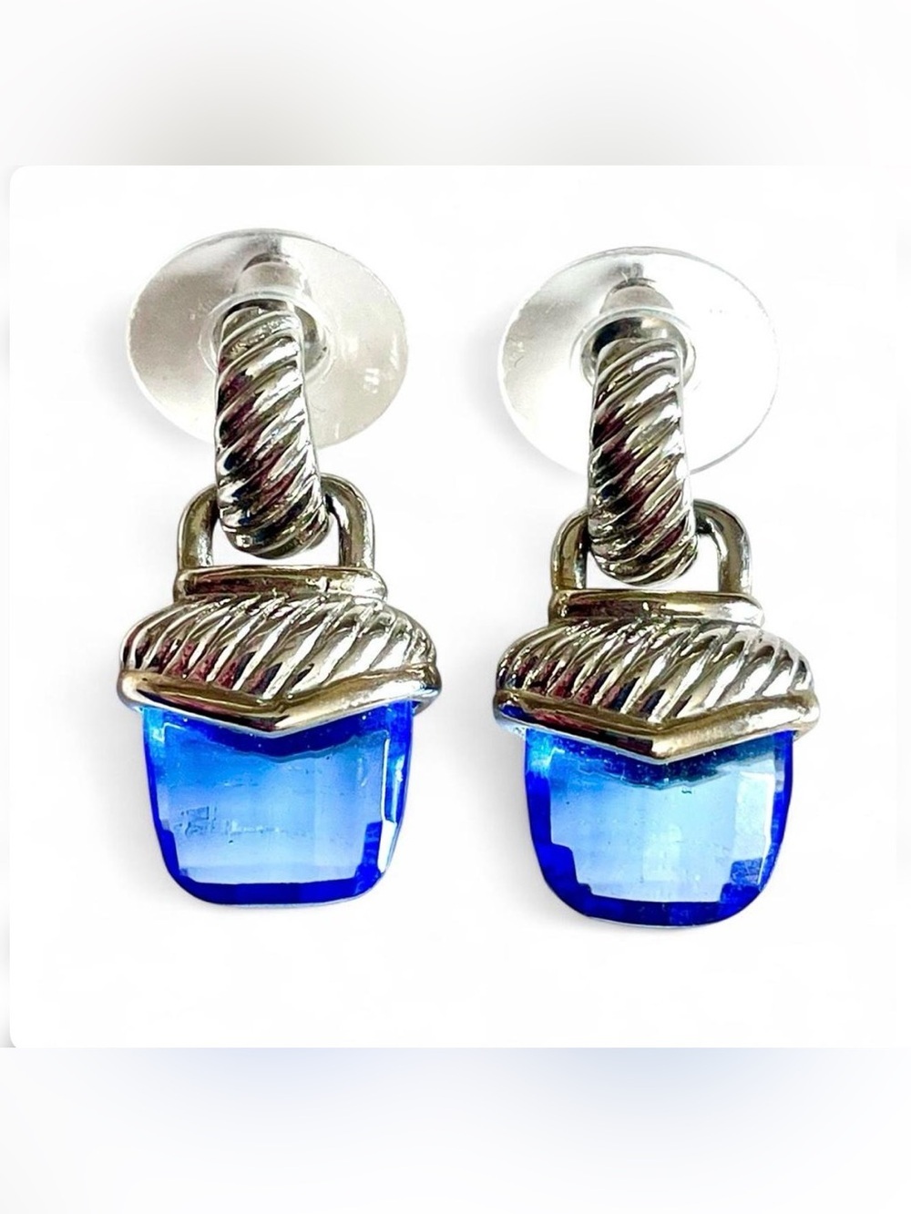 Vintage Blue Crystal Drop Clip Earrings Silver Textured Dangle Coastal Resort